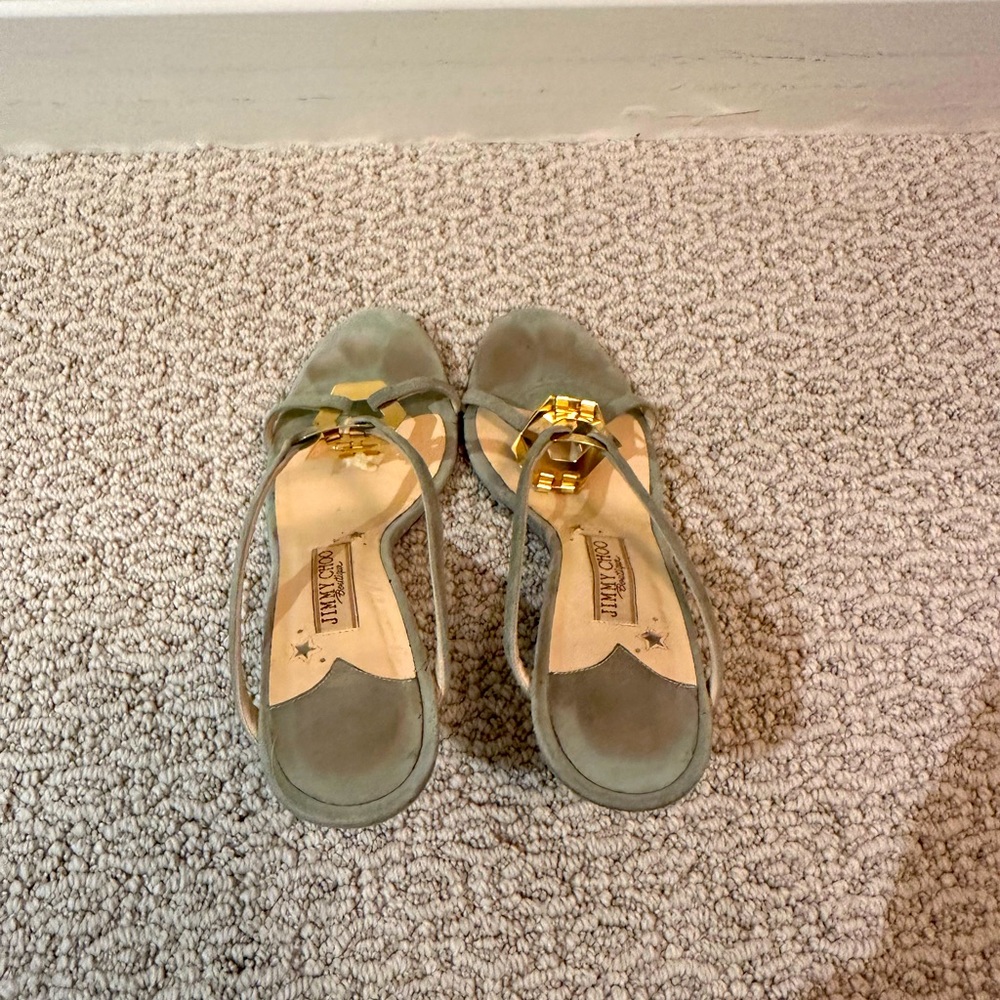 Jimmy Choo Green ish Turquoise Heels With Gold Hexagons